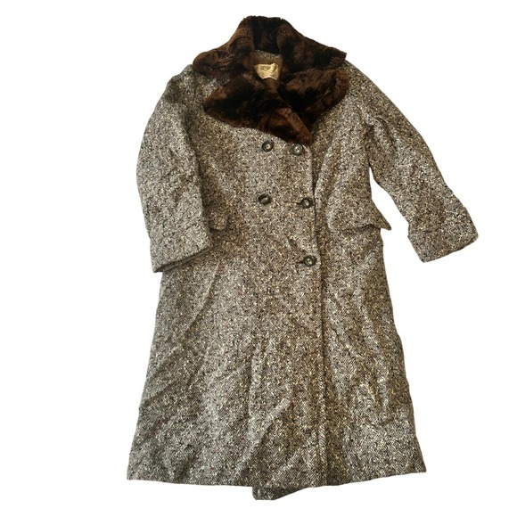 Jackets & Blazers - Vintage 60s 70s Mark V Tweed Alpaca Blend Over Coat Faux Fur Collar Sz S
